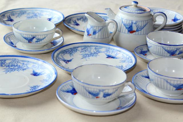 photo of vintage hand painted Japan blue bird china doll dishes, child's play toy tea party set #1