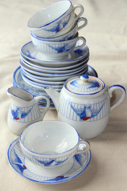 photo of vintage hand painted Japan blue bird china doll dishes, child's play toy tea party set #5