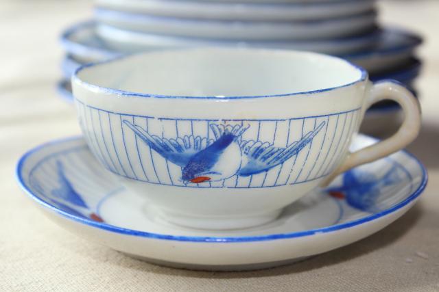 photo of vintage hand painted Japan blue bird china doll dishes, child's play toy tea party set #6