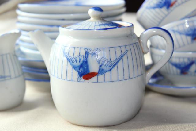 photo of vintage hand painted Japan blue bird china doll dishes, child's play toy tea party set #7