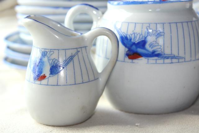 photo of vintage hand painted Japan blue bird china doll dishes, child's play toy tea party set #9