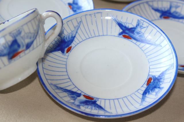 photo of vintage hand painted Japan blue bird china doll dishes, child's play toy tea party set #11