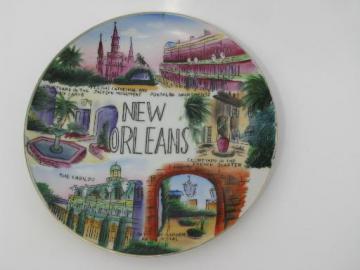 catalog photo of vintage hand painted Japan china plate, New Orleans souvenir landmarks