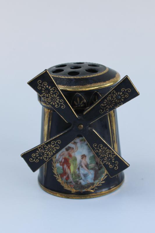 photo of vintage hand painted Japan china windmill hat pin holder, Ardalt Lenwile label #1