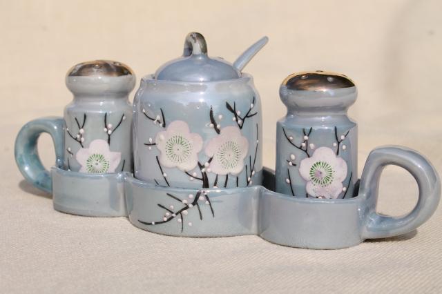 photo of vintage hand painted Japan porcelain condiment set, S&P shakers & mustard pot #1