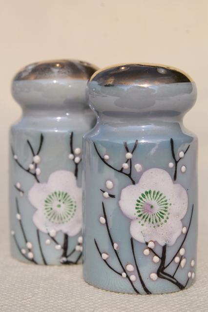 photo of vintage hand painted Japan porcelain condiment set, S&P shakers & mustard pot #4