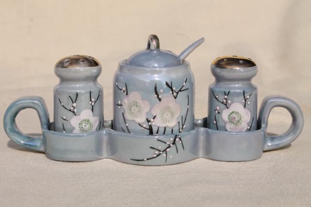 photo of vintage hand painted Japan porcelain condiment set, S&P shakers & mustard pot #5