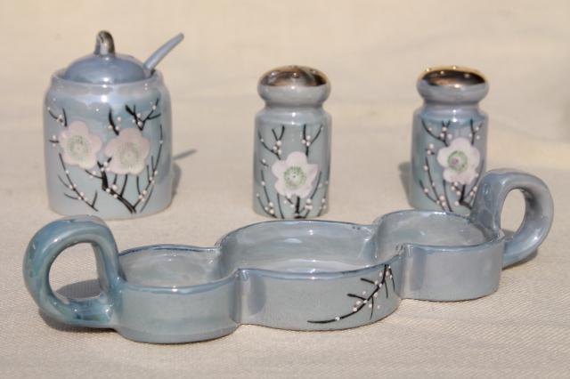 photo of vintage hand painted Japan porcelain condiment set, S&P shakers & mustard pot #6