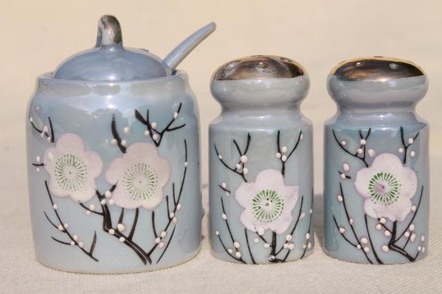 photo of vintage hand painted Japan porcelain condiment set, S&P shakers & mustard pot #7