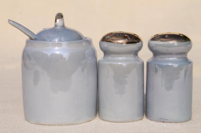 photo of vintage hand painted Japan porcelain condiment set, S&P shakers & mustard pot #8