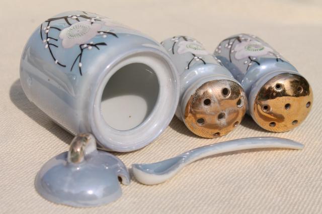 photo of vintage hand painted Japan porcelain condiment set, S&P shakers & mustard pot #10