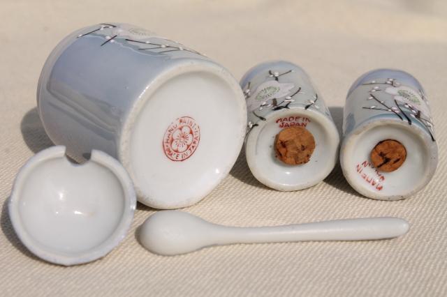 photo of vintage hand painted Japan porcelain condiment set, S&P shakers & mustard pot #11