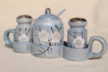 catalog photo of vintage hand painted Japan porcelain condiment set, S&P shakers & mustard pot