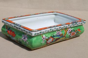 catalog photo of vintage hand painted Japan pottery planter, rectangular dish for rock garden, bonsai, flowers