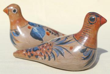 catalog photo of vintage hand painted Mexican pottery doves, burnished clay Tonala birds