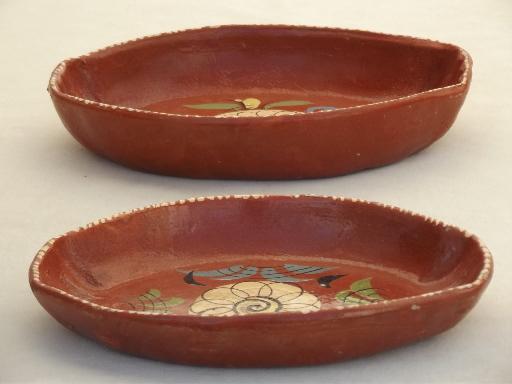 photo of vintage hand painted Mexican pottery, terracotta trays or baking dishes #1