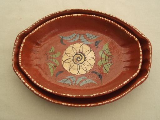 photo of vintage hand painted Mexican pottery, terracotta trays or baking dishes #2