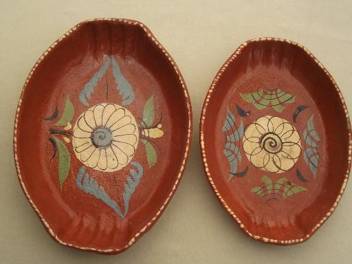 photo of vintage hand painted Mexican pottery, terracotta trays or baking dishes #3