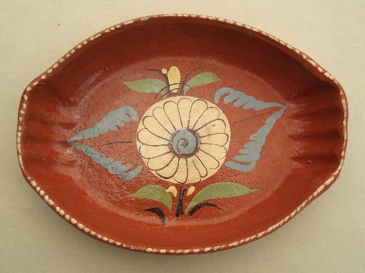 photo of vintage hand painted Mexican pottery, terracotta trays or baking dishes #4