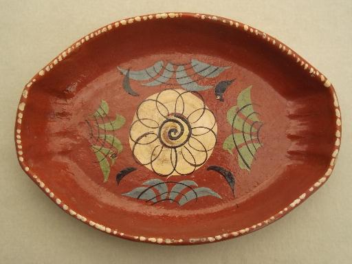 photo of vintage hand painted Mexican pottery, terracotta trays or baking dishes #6