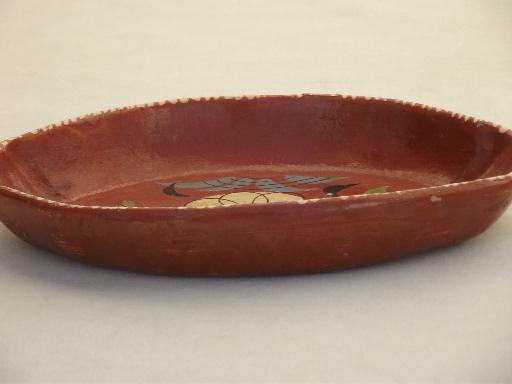 photo of vintage hand painted Mexican pottery, terracotta trays or baking dishes #7