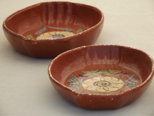 photo of vintage hand painted Mexican pottery, terracotta trays or baking dishes #9