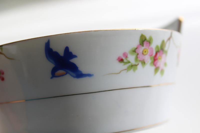 photo of vintage hand painted Nippon bluebird china butter dish, round tub w/ handles #2