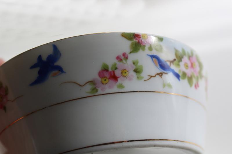 photo of vintage hand painted Nippon bluebird china butter dish, round tub w/ handles #6