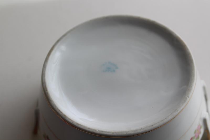 photo of vintage hand painted Nippon bluebird china butter dish, round tub w/ handles #7