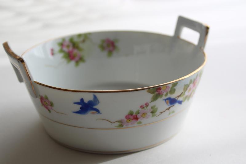 photo of vintage hand painted Nippon bluebird china butter dish, round tub w/ handles #8