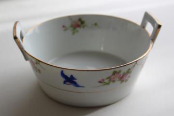 catalog photo of vintage hand painted Nippon bluebird china butter dish, round tub w/ handles