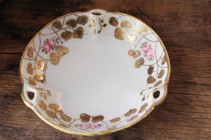 photo of vintage hand painted Nippon china candy dish, gold moriage and pink roses #1