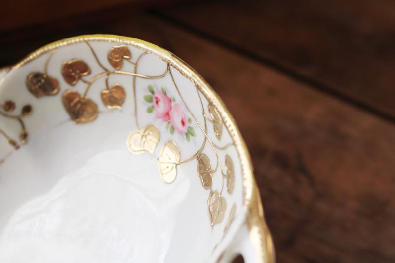 photo of vintage hand painted Nippon china candy dish, gold moriage and pink roses #3