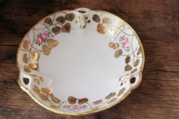 catalog photo of vintage hand painted Nippon china candy dish, gold moriage and pink roses