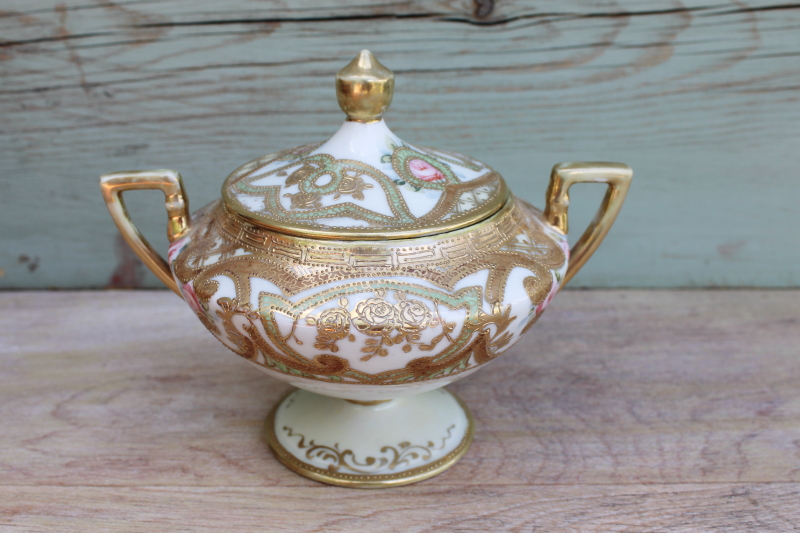 photo of vintage hand painted Nippon large sugar bowl covered jar, gold moriage ornate roses floral #1