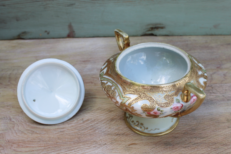 photo of vintage hand painted Nippon large sugar bowl covered jar, gold moriage ornate roses floral #3