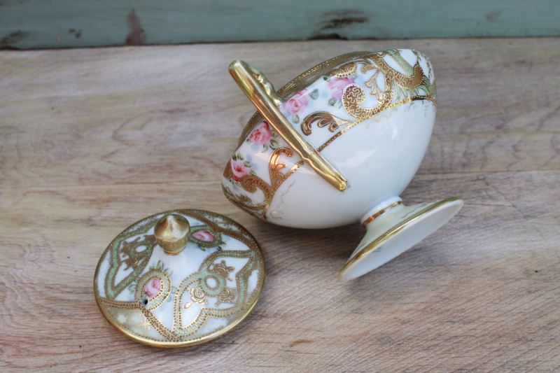 photo of vintage hand painted Nippon large sugar bowl covered jar, gold moriage ornate roses floral #4