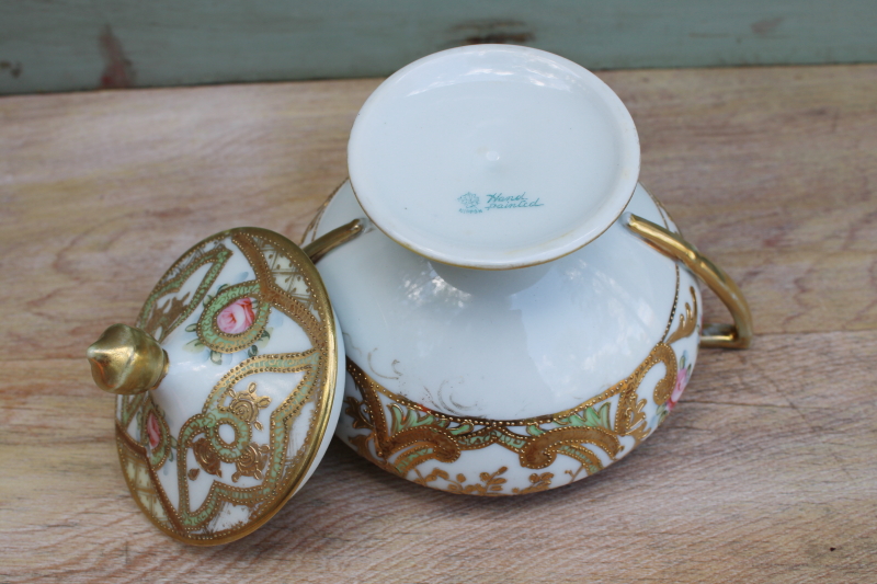 photo of vintage hand painted Nippon large sugar bowl covered jar, gold moriage ornate roses floral #6