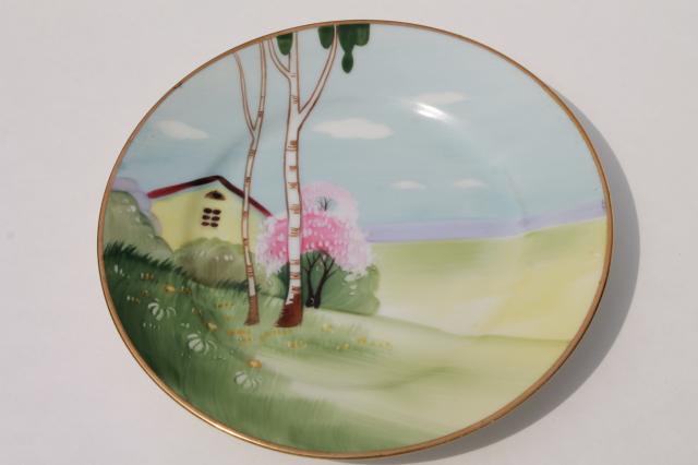 photo of vintage hand painted Nippon porcelain plate w/ tree & cottage scene, cottageware china #1