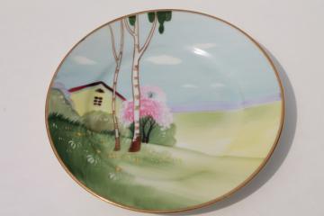 catalog photo of vintage hand painted Nippon porcelain plate w/ tree & cottage scene, cottageware china