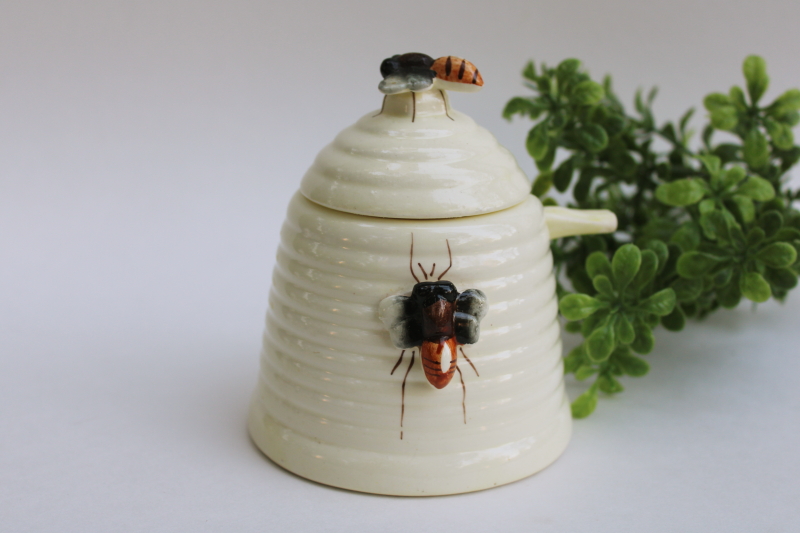 photo of vintage hand painted ceramic beehive honey pot, bees on bee skep jar w/ tiny spoon #1