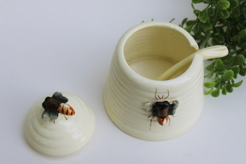 photo of vintage hand painted ceramic beehive honey pot, bees on bee skep jar w/ tiny spoon  #2