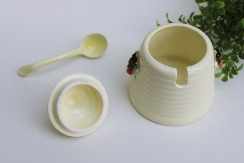 photo of vintage hand painted ceramic beehive honey pot, bees on bee skep jar w/ tiny spoon  #3