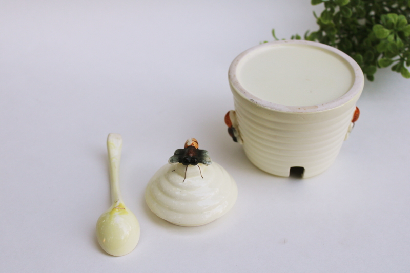 photo of vintage hand painted ceramic beehive honey pot, bees on bee skep jar w/ tiny spoon  #6