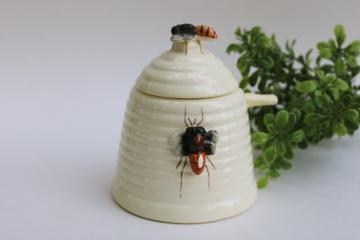 vintage hand painted ceramic beehive honey pot, bees on bee skep jar w/ tiny spoon 