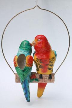 catalog photo of vintage hand painted ceramic pair of parrots hanging planter pot, love birds on swing