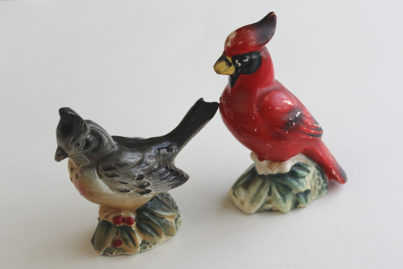 photo of vintage hand painted ceramic salt & pepper shakers, male and female cardinal birds  #2