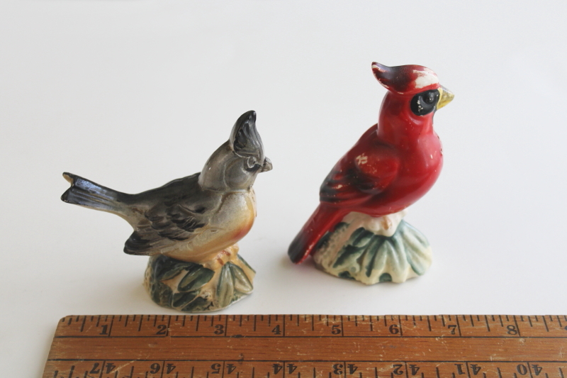 photo of vintage hand painted ceramic salt & pepper shakers, male and female cardinal birds  #3