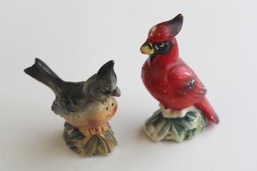 catalog photo of vintage hand painted ceramic salt & pepper shakers, male and female cardinal birds 