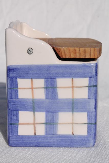 photo of vintage hand painted ceramic salt box, blue & white plaid Alcobaca Portugal pottery #3